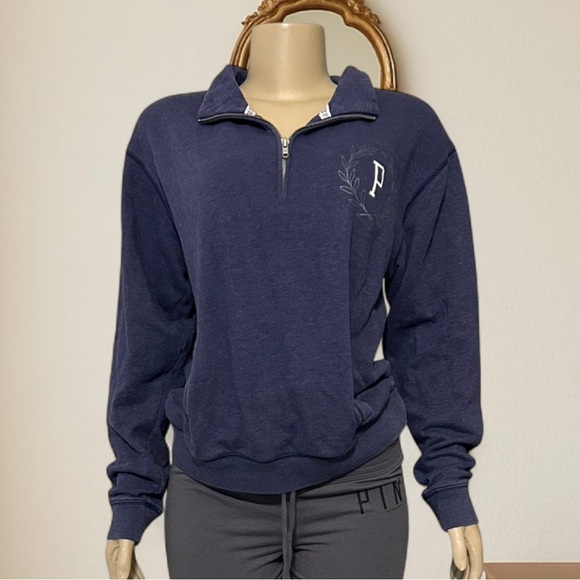 Victoria's Secret PINK Blue Quarter-Zip Sweater with Logo - Picture 2 of 4